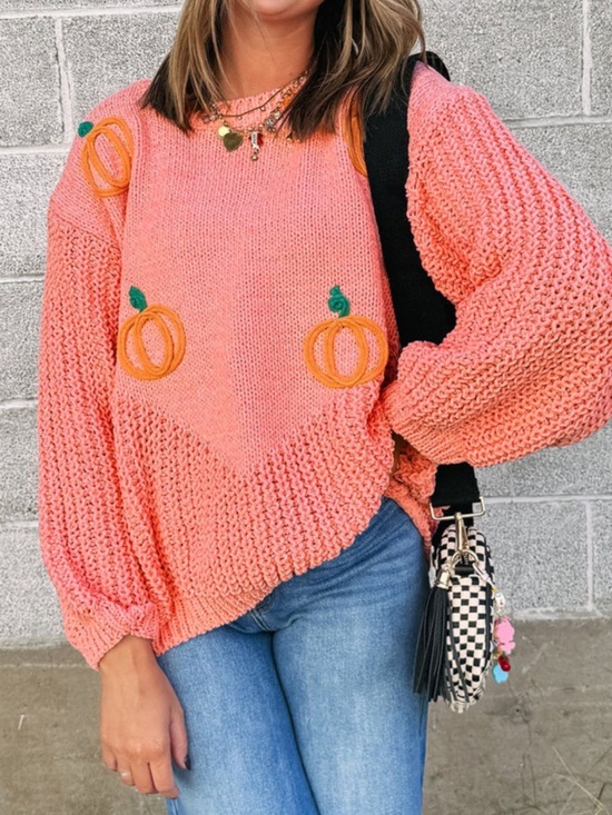 KAYS KLOSET Sweaters - F1- Orange chunky knit Pumpkin Embroidered Sweater